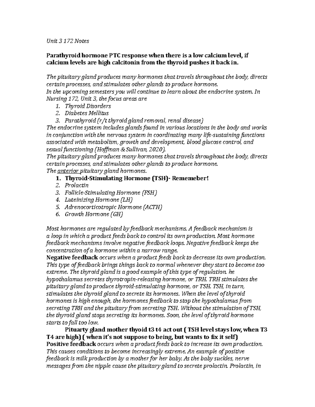 172 Medsurg Studyguide U3 - Unit 3 172 Notes Parathyroid hormone PTC ...