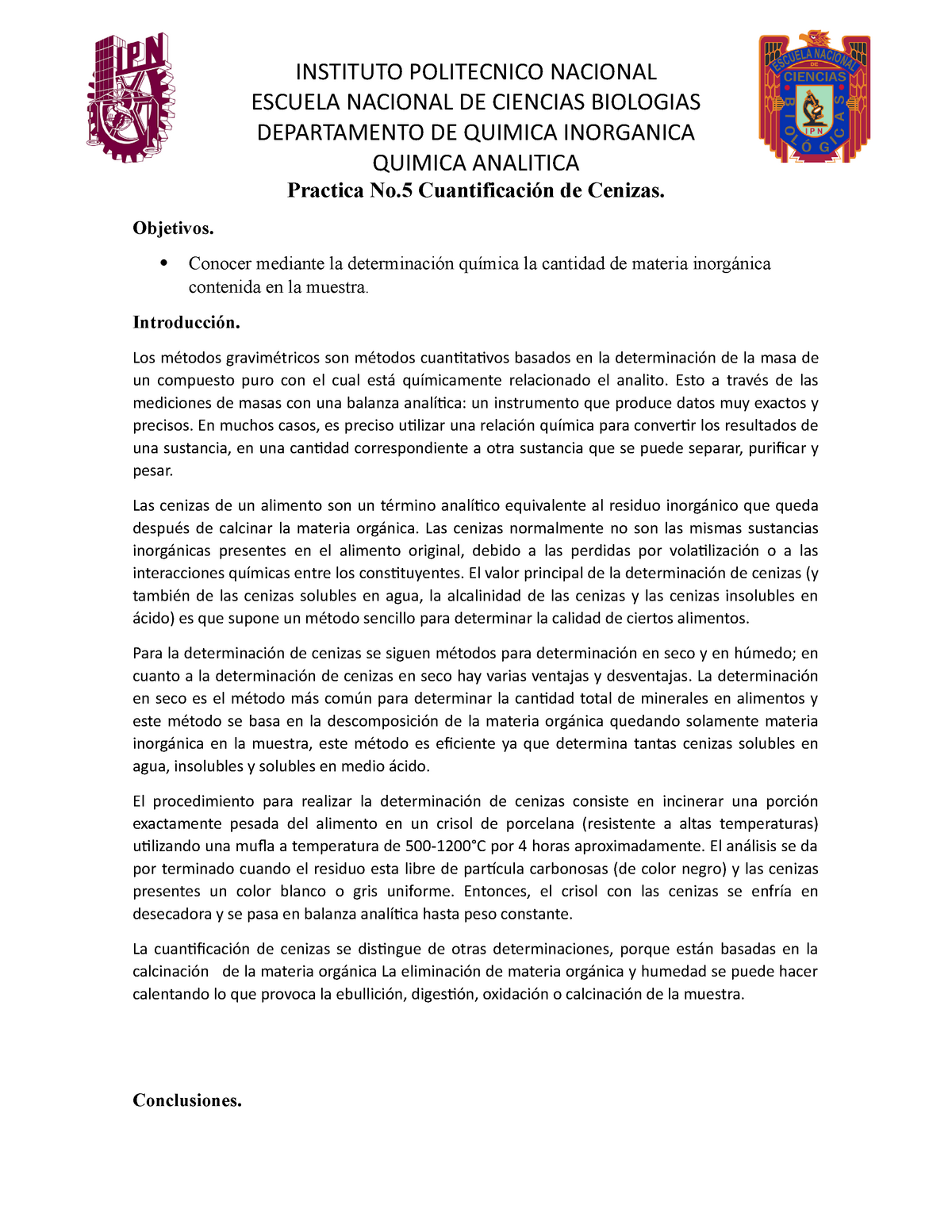 Practica No 5 Cuantificación de Cenizas - INSTITUTO POLITECNICO ...