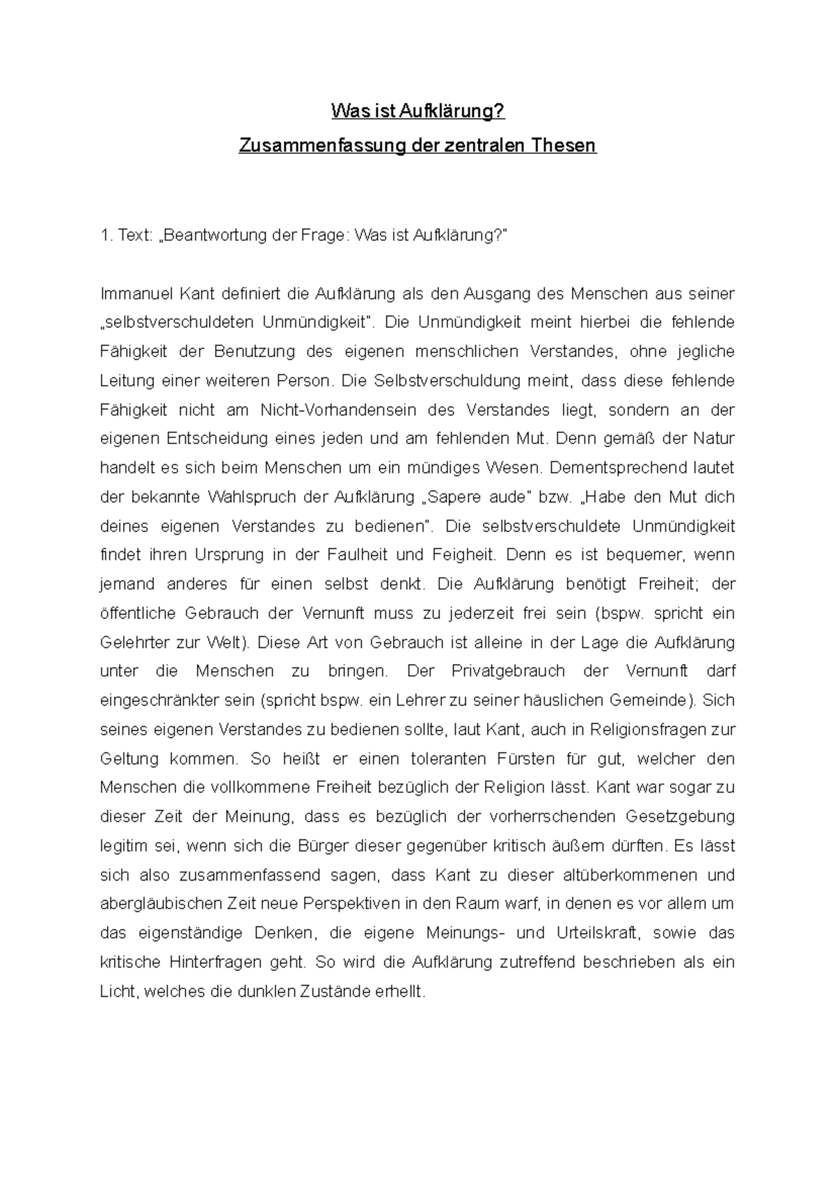 Was Ist Aufklärung Kant Kant Aufklärung - Was ist Aufklärung? Zusammenfassung der zentralen