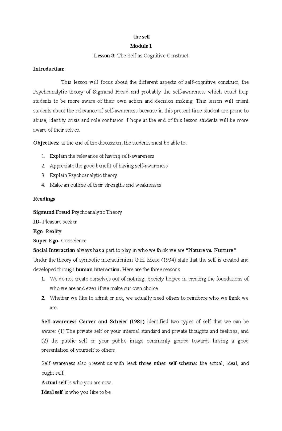 Understanding the self module 1 3 bs social work rmmc studocu