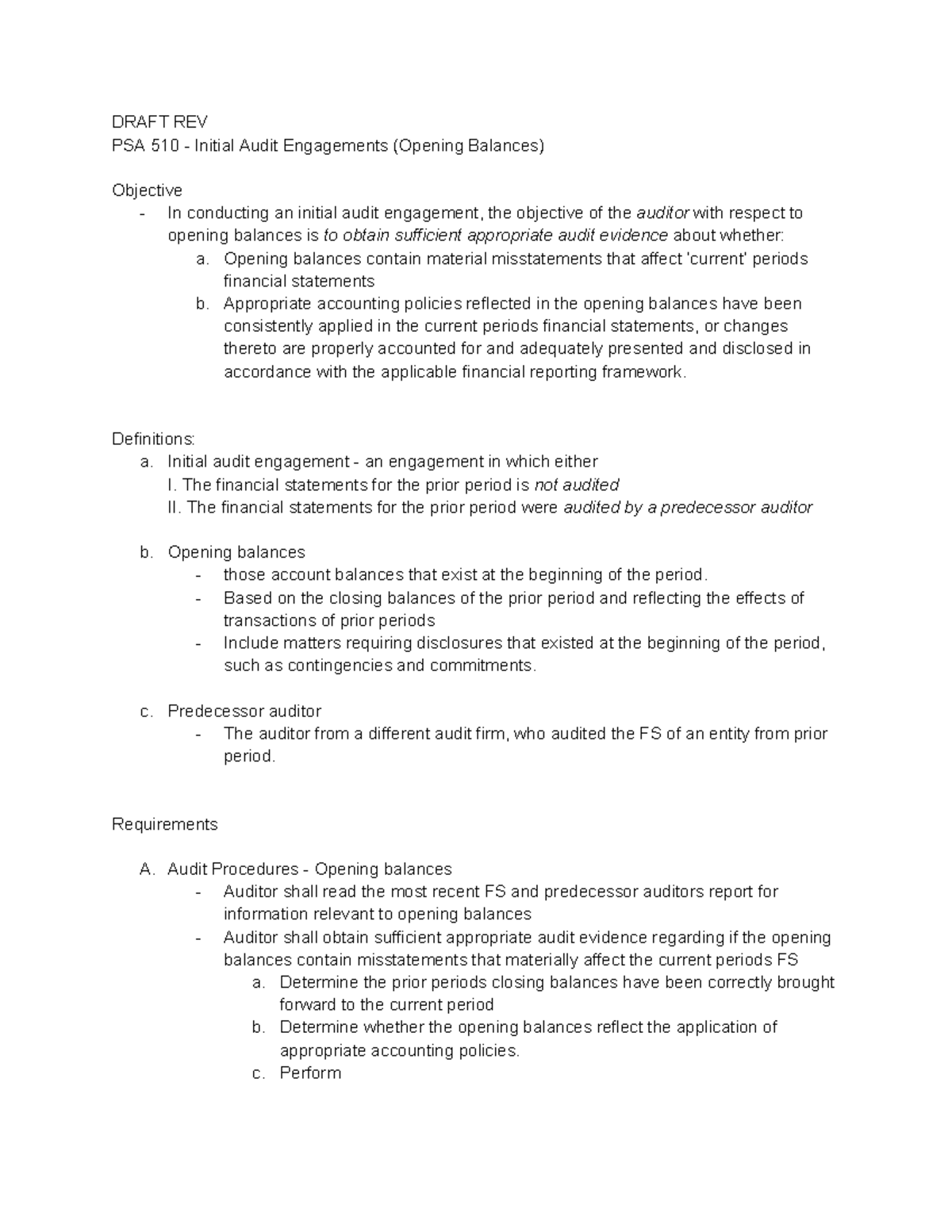 PSA 510, 520, 530, 540, 550, & 560 - DRAFT REV PSA 510 - Initial Audit ...
