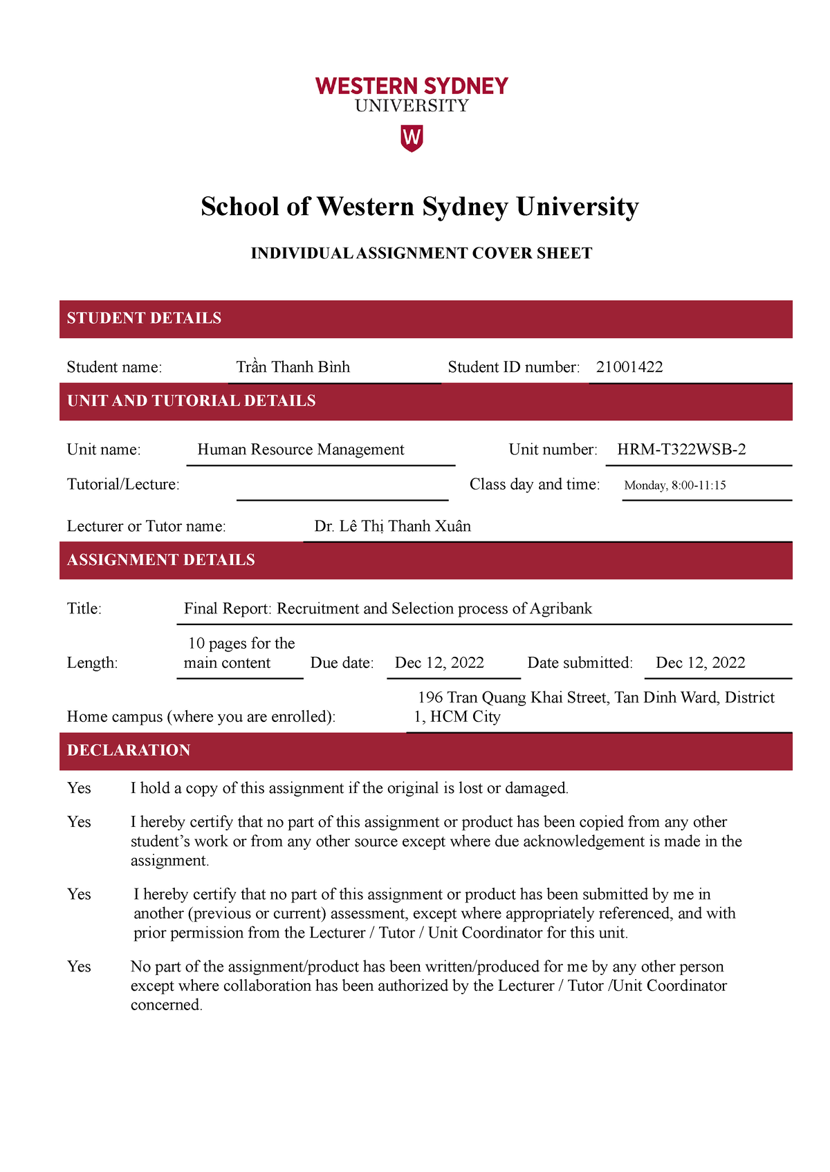 uws individual assignment cover sheet