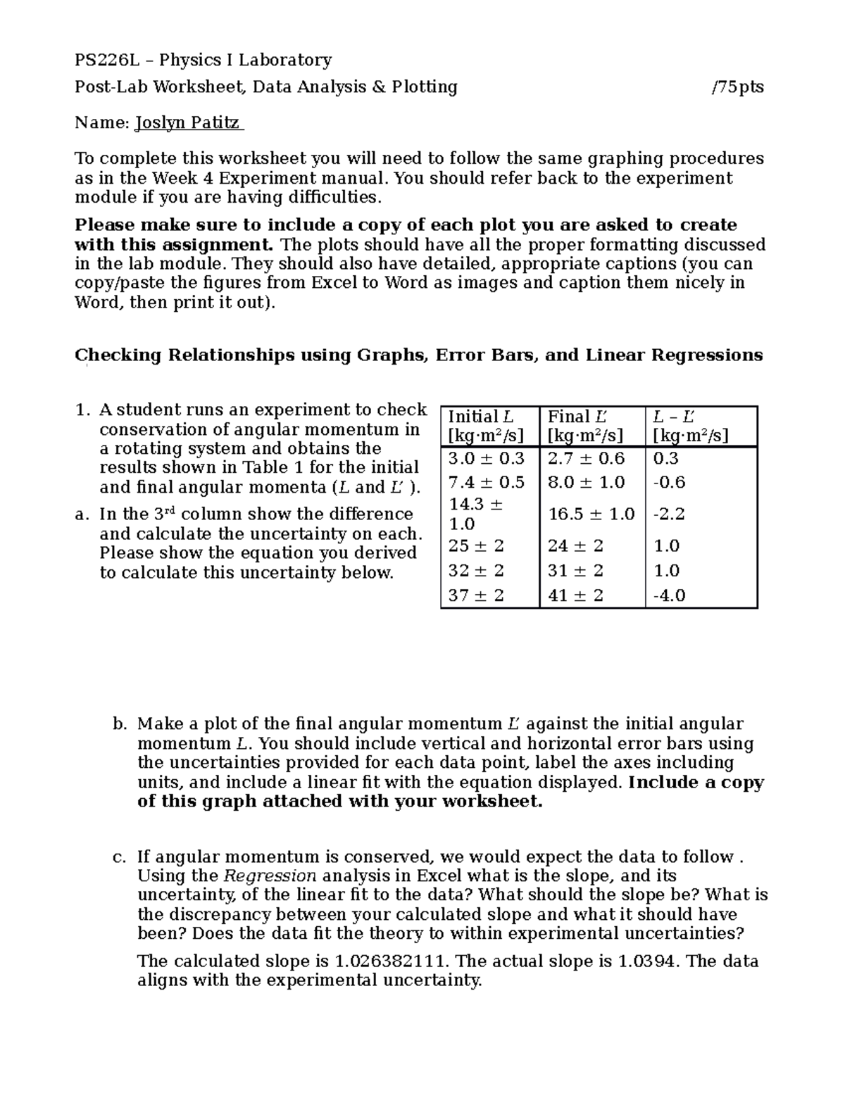 Post Lab Data Analysis Plotting PostLab Worksheet, Data Analysis