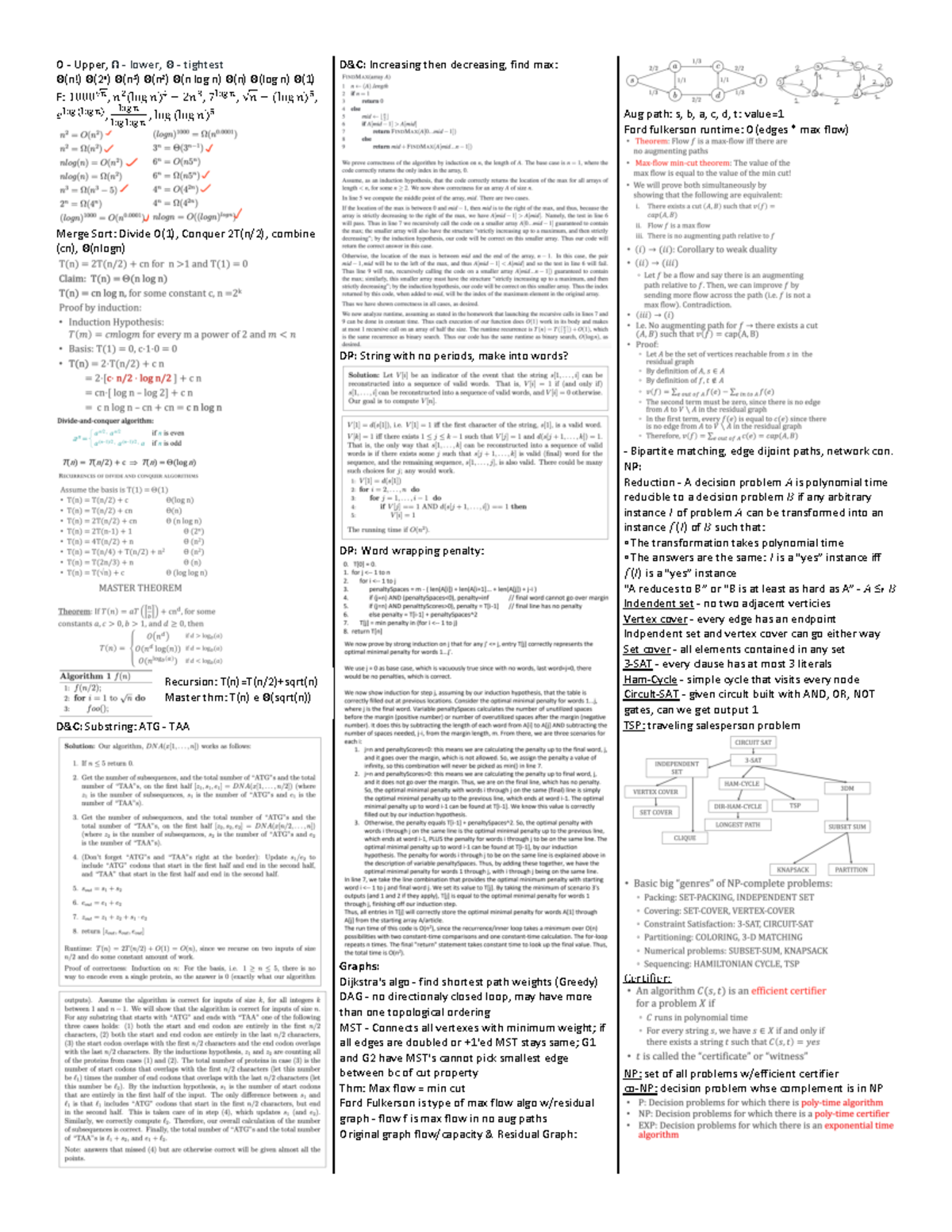 CS381 Final Cheat Sheet - O - Upper, Ω - lower, Θ - tightest Θ(n!) Θ(2n ...