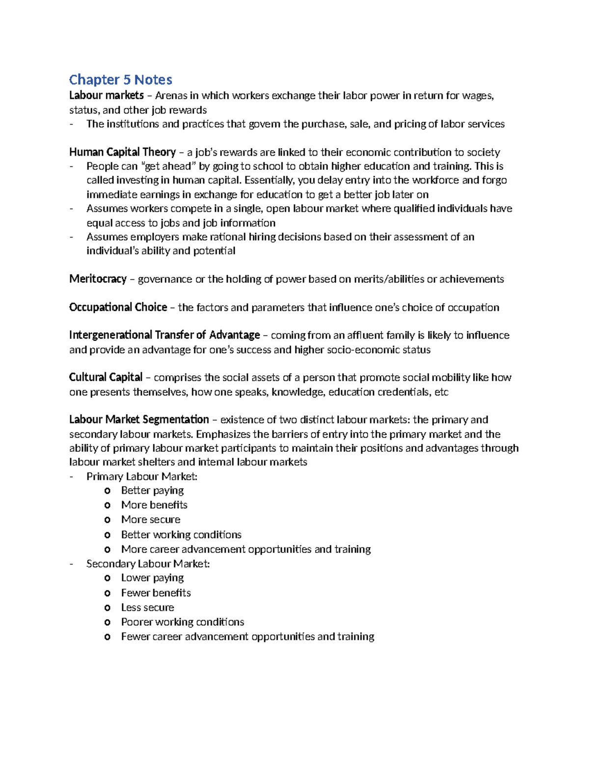 SOC 366 Ch 5 ,6,10,11 Notes - Chapter 5 Notes Labour markets – Arenas ...