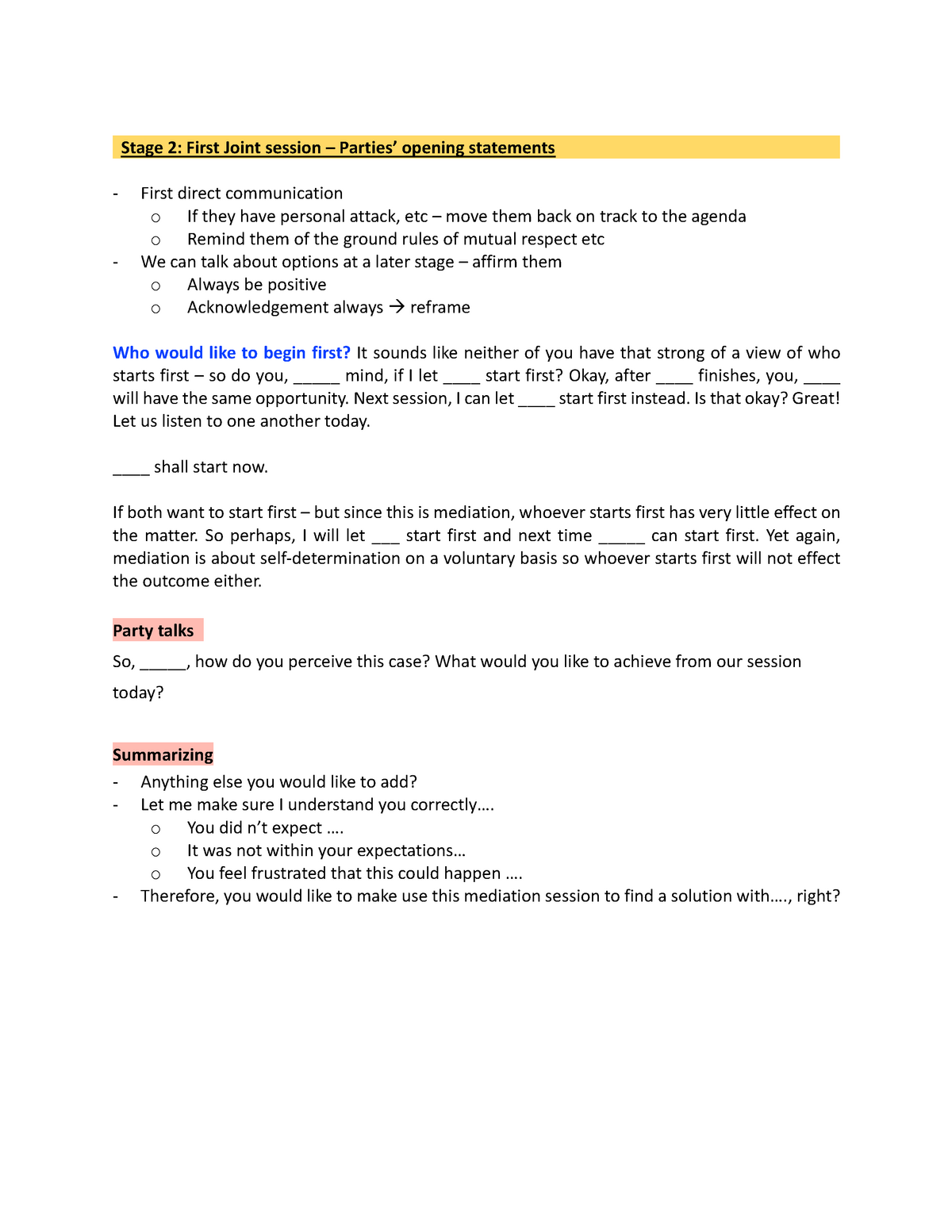 Stage 1 Mediation First Joint Session Script - Stage 2: First Joint ...