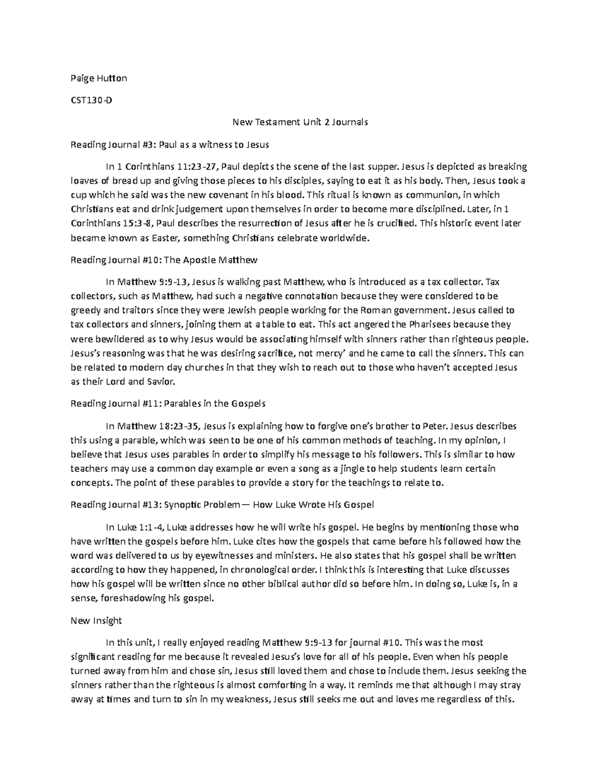 New Testament Journals Unit 2 - Paige Hutton CST130-D New Testament ...