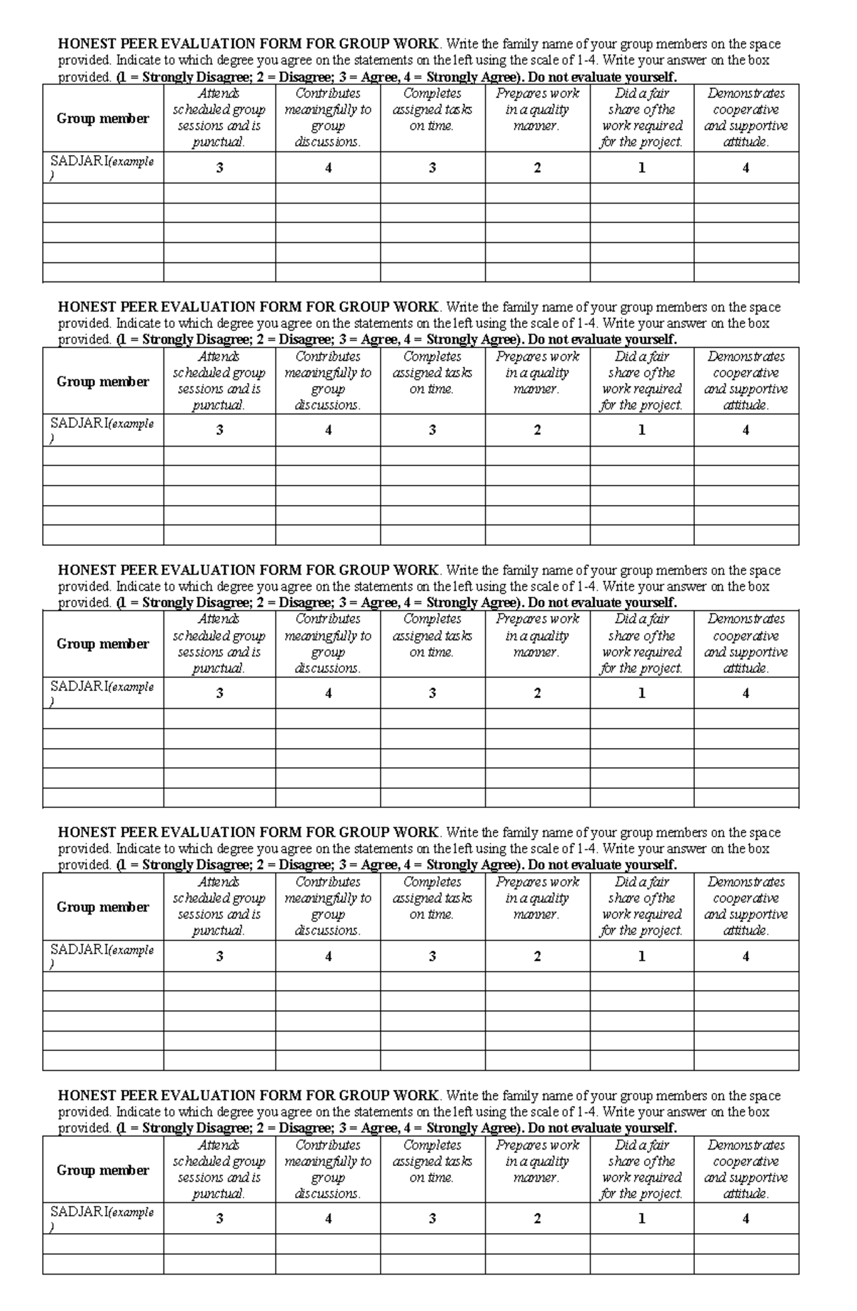 Peer evaluation form 25 - HONEST PEER EVALUATION FORM FOR GROUP WORK ...