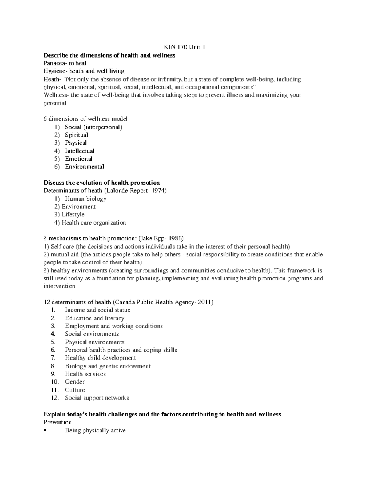 KIN 170 Unit 1 - kin - KIN 170 Unit 1 Describe the dimensions of health ...