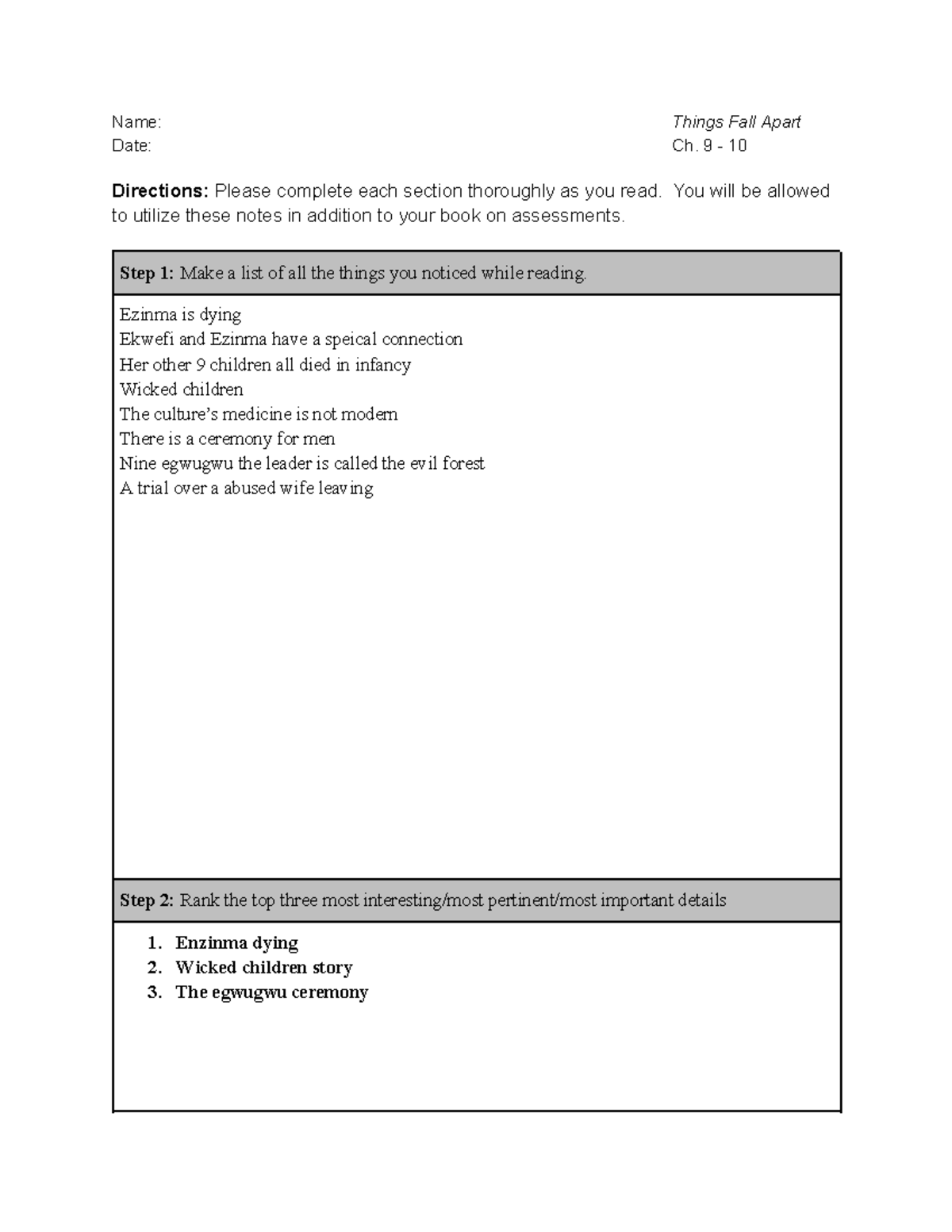 TFA Notes Ch. 9 -10 - Name: Things Fall Apart Date: Ch. 9 - 10 ...