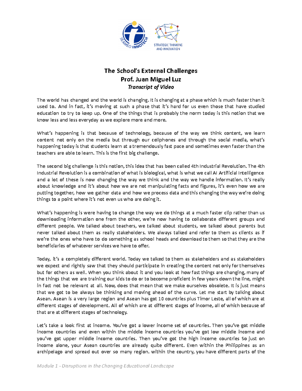 Transcript of video module 1 the school s external challenges the