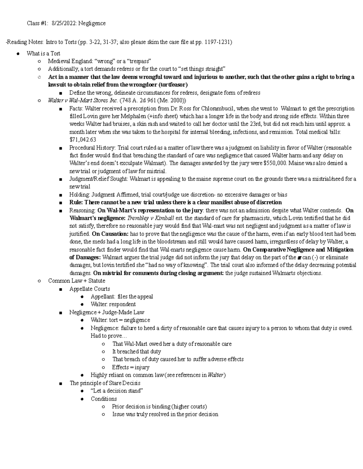 Torts reading notes - Class #1: 8/25/2022: Negligence -Reading Notes ...