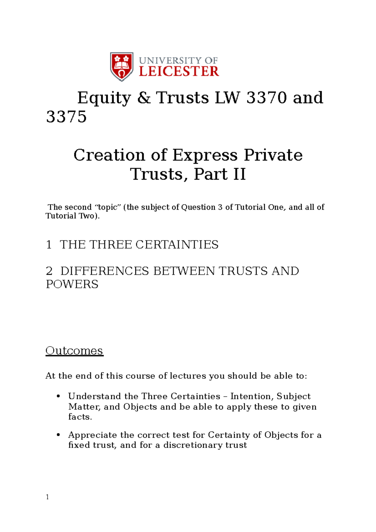 The Three Certainties 2018 - Equity & Trusts LW 3370 and 3375 Creation ...