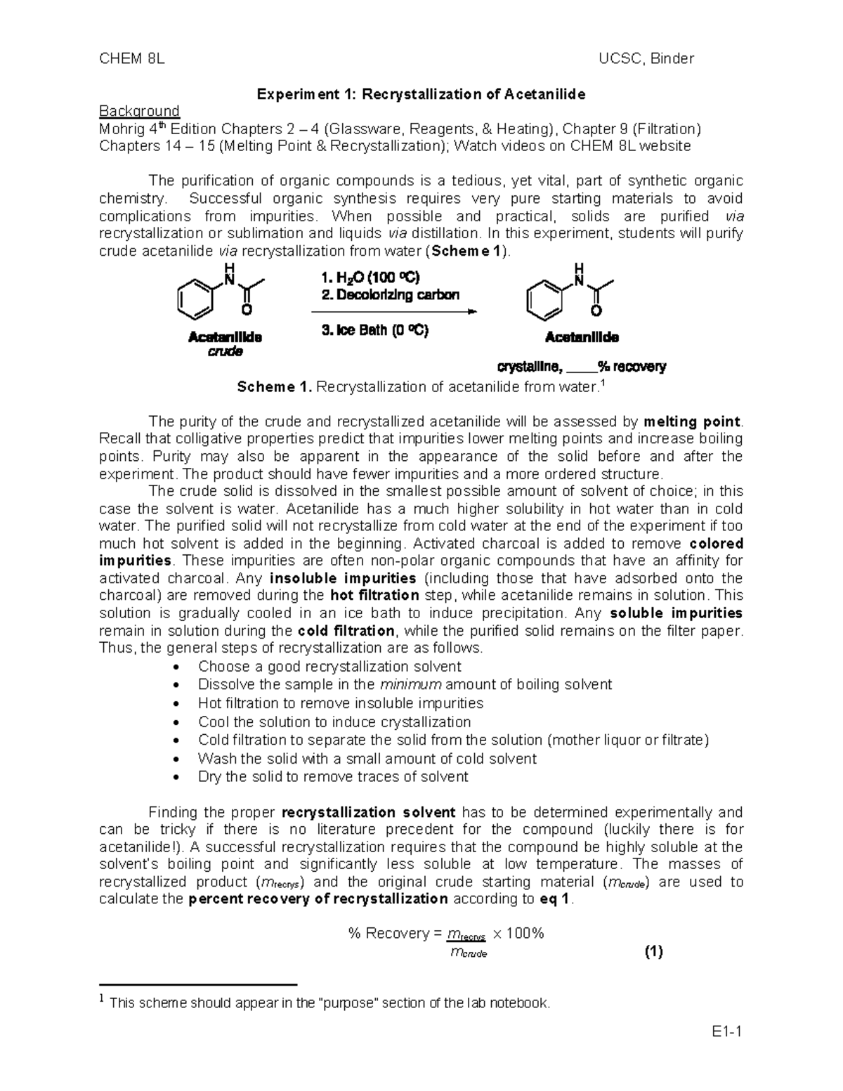 Exp 1 Recrystallization Of Acetanilide Uzta93 - Experiment 1 ...