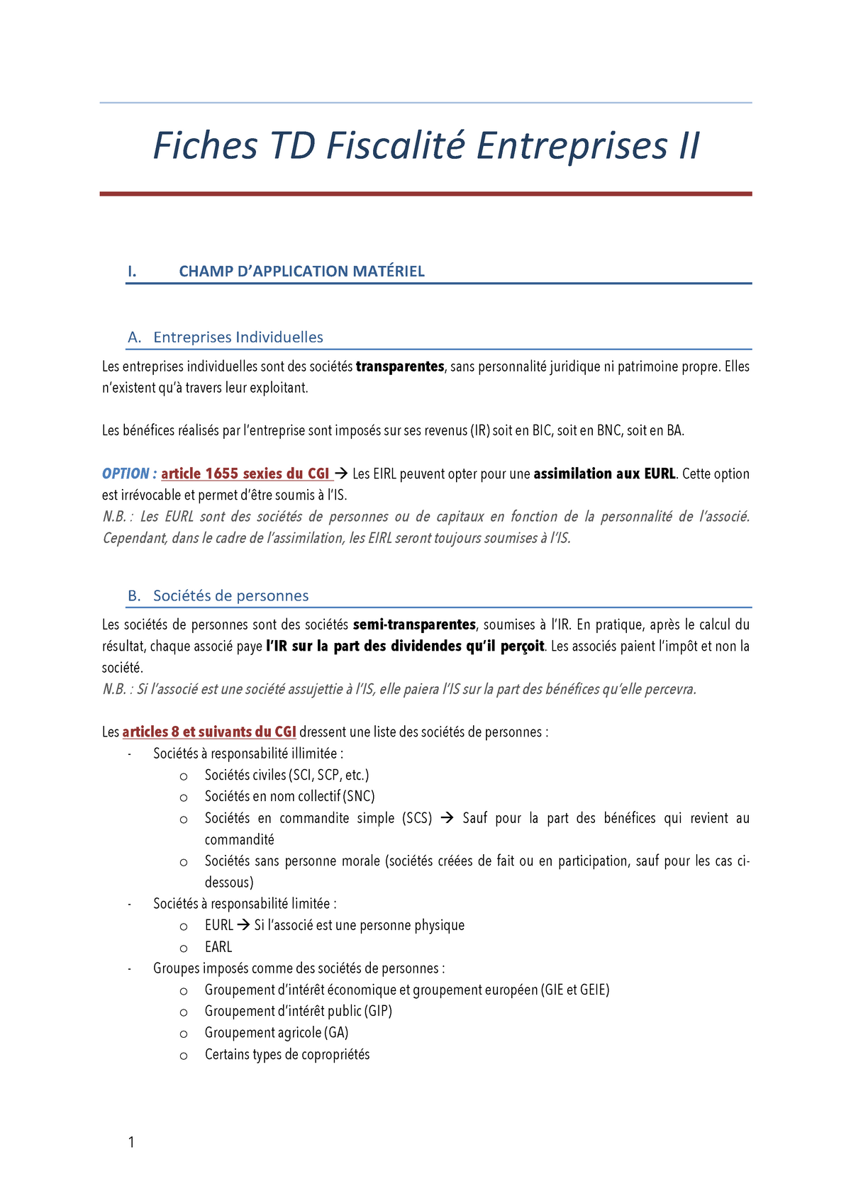 Fiches TD Fiscalité Entreprises Semestre II - Fiches TD Fiscalité ...