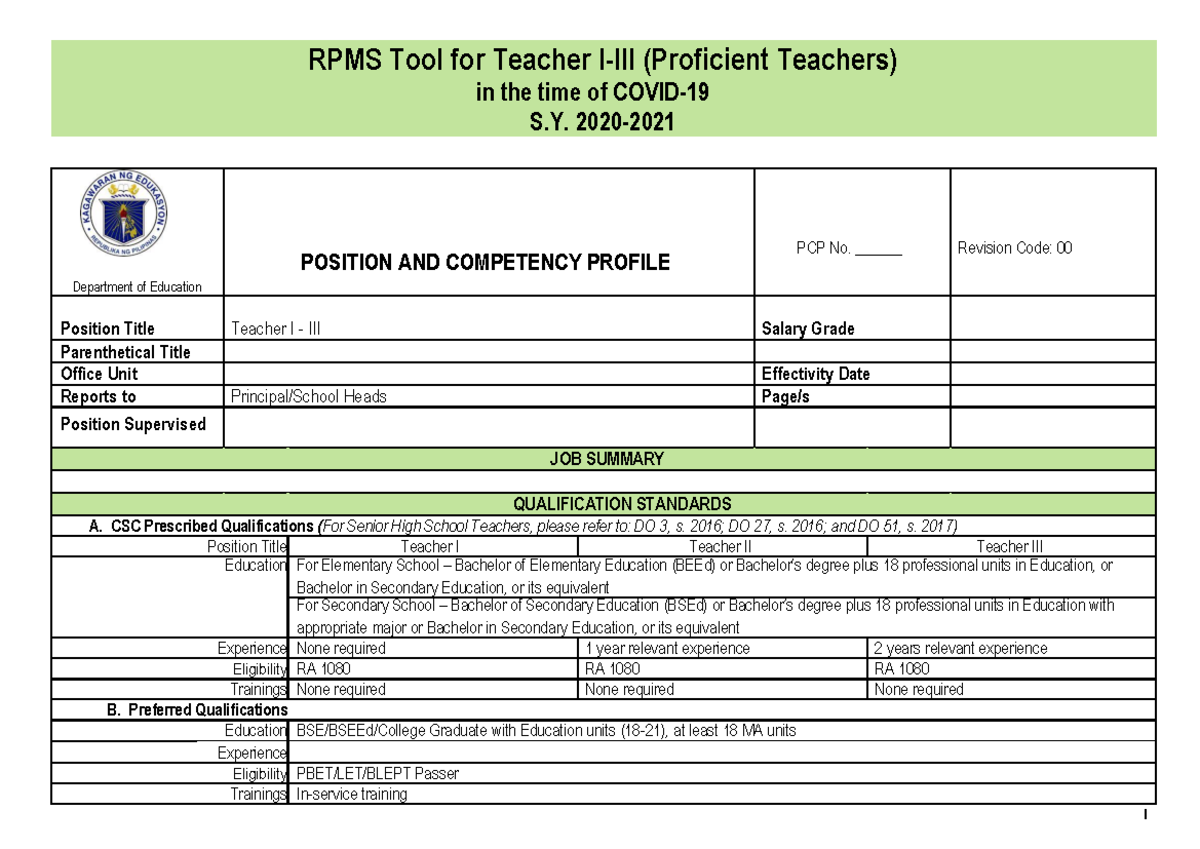 Appendix 1 RPMS Tool For T I III SY 2020 2021 In The Time Of Covid 19 ...