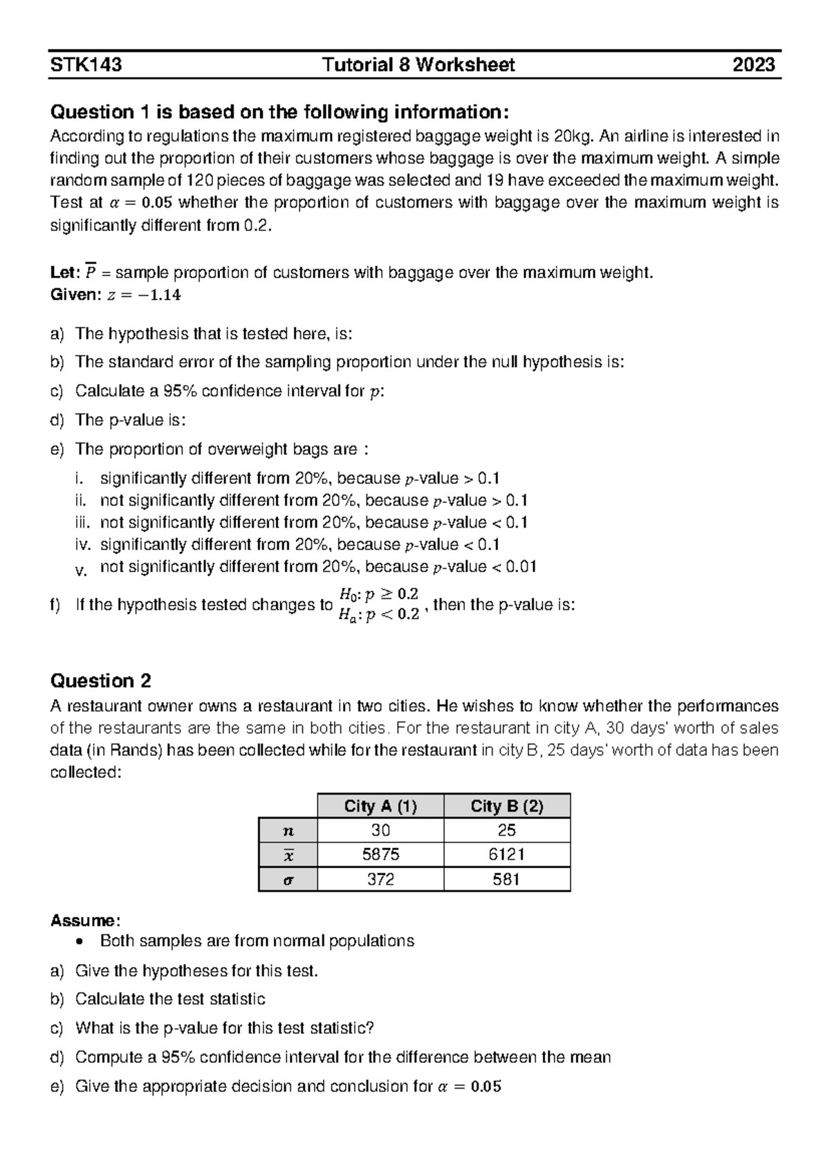 STK143 - Tutorial 8 Worksheet - 2023 - STK 143 Tutorial 8 Worksheet ...