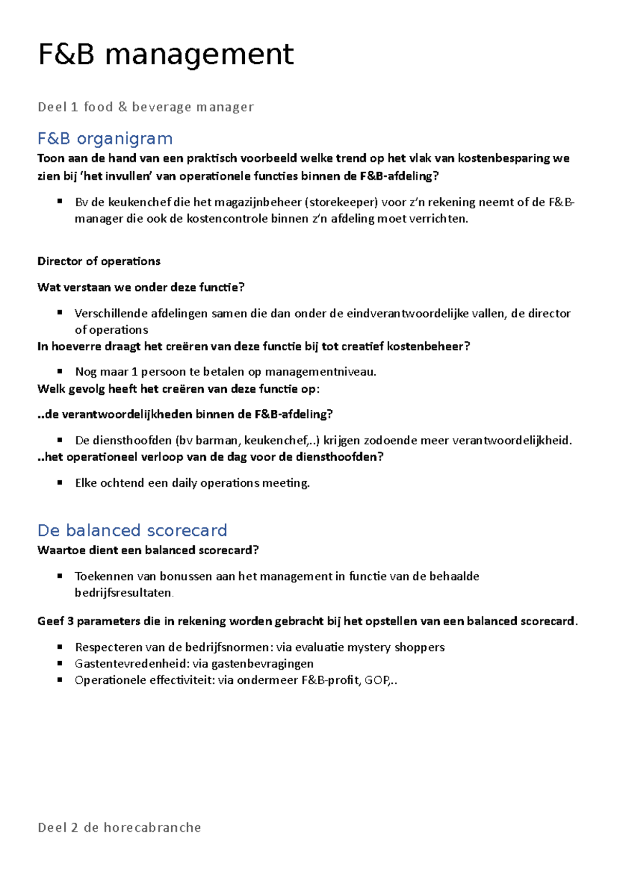 Samenvatting - F&B Management Deel 1 Food & Beverage Manager F&B ...