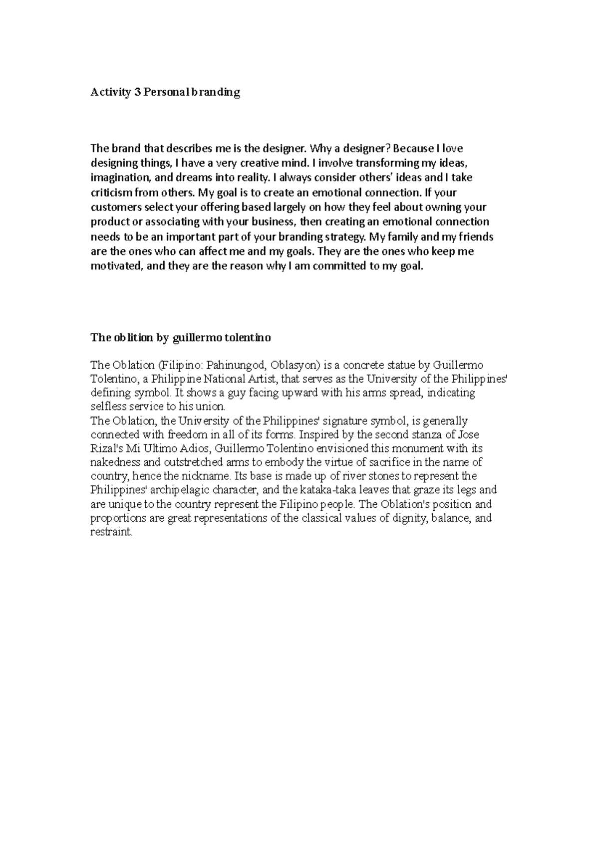 Activity 3 Personal branding Activity 3 Personal branding The brand