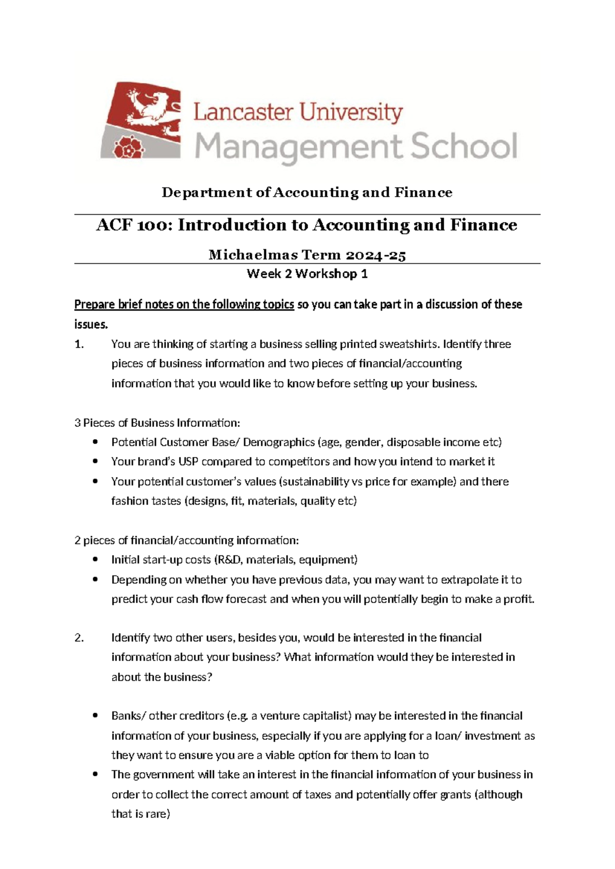 Week 2 Workshop Preperation 1 - Department of Accounting and Finance ...