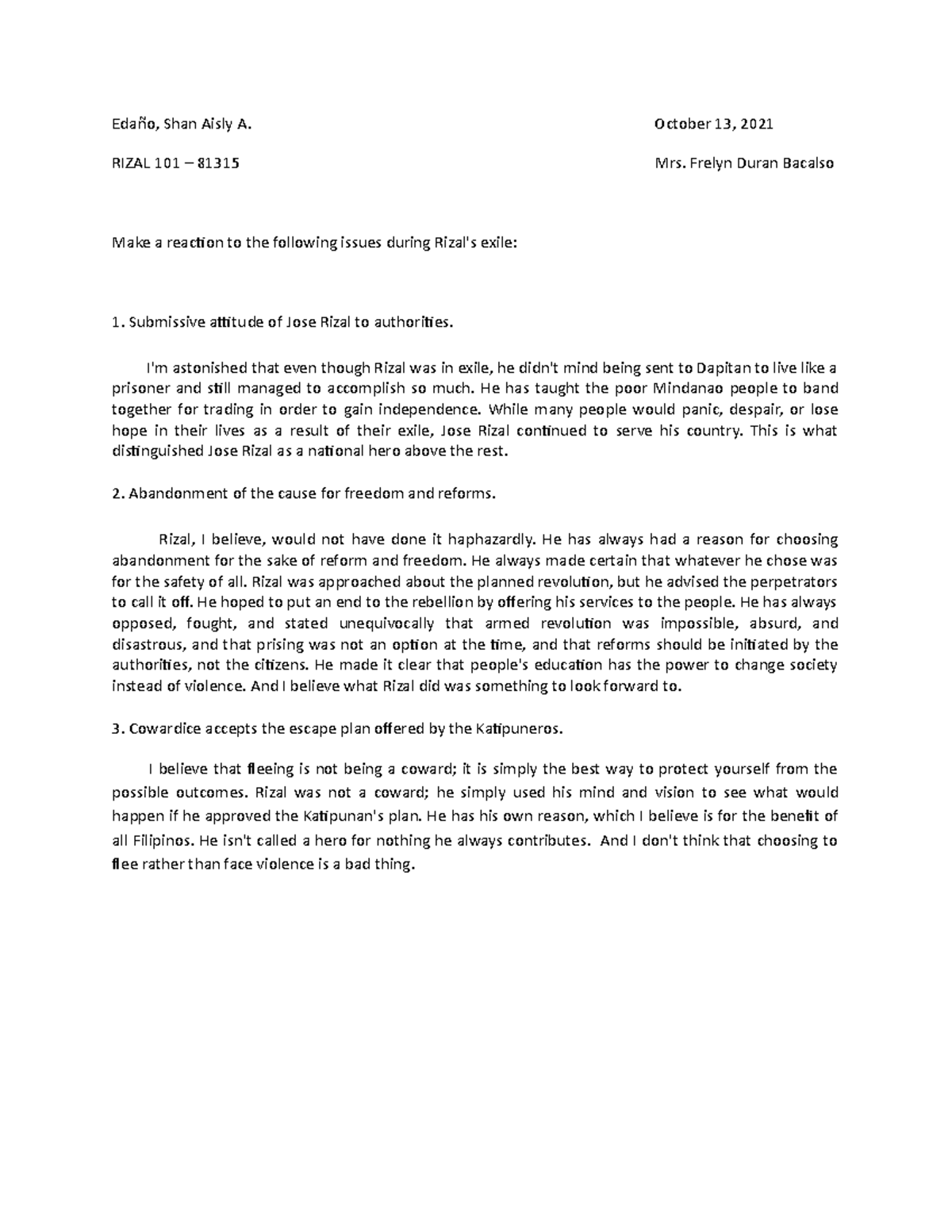Rizal 101 Reaction Paper Edaño - Edaño, Shan Aisly A. October 13, 2021 ...