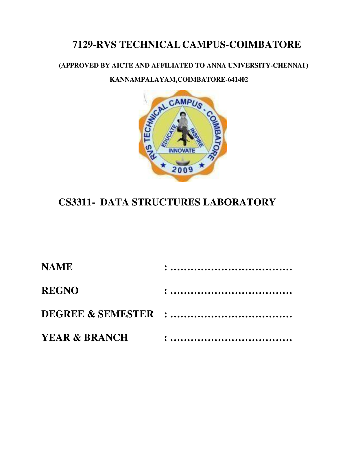 CS3311 DATA Structures LAB Manual 7129RVS TECHNICAL CAMPUS