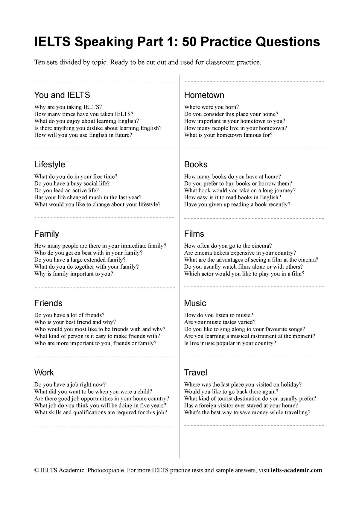 Ielts Speaking Part 1 Practice Cards - IELTS Speaking Part 1: 50 ...