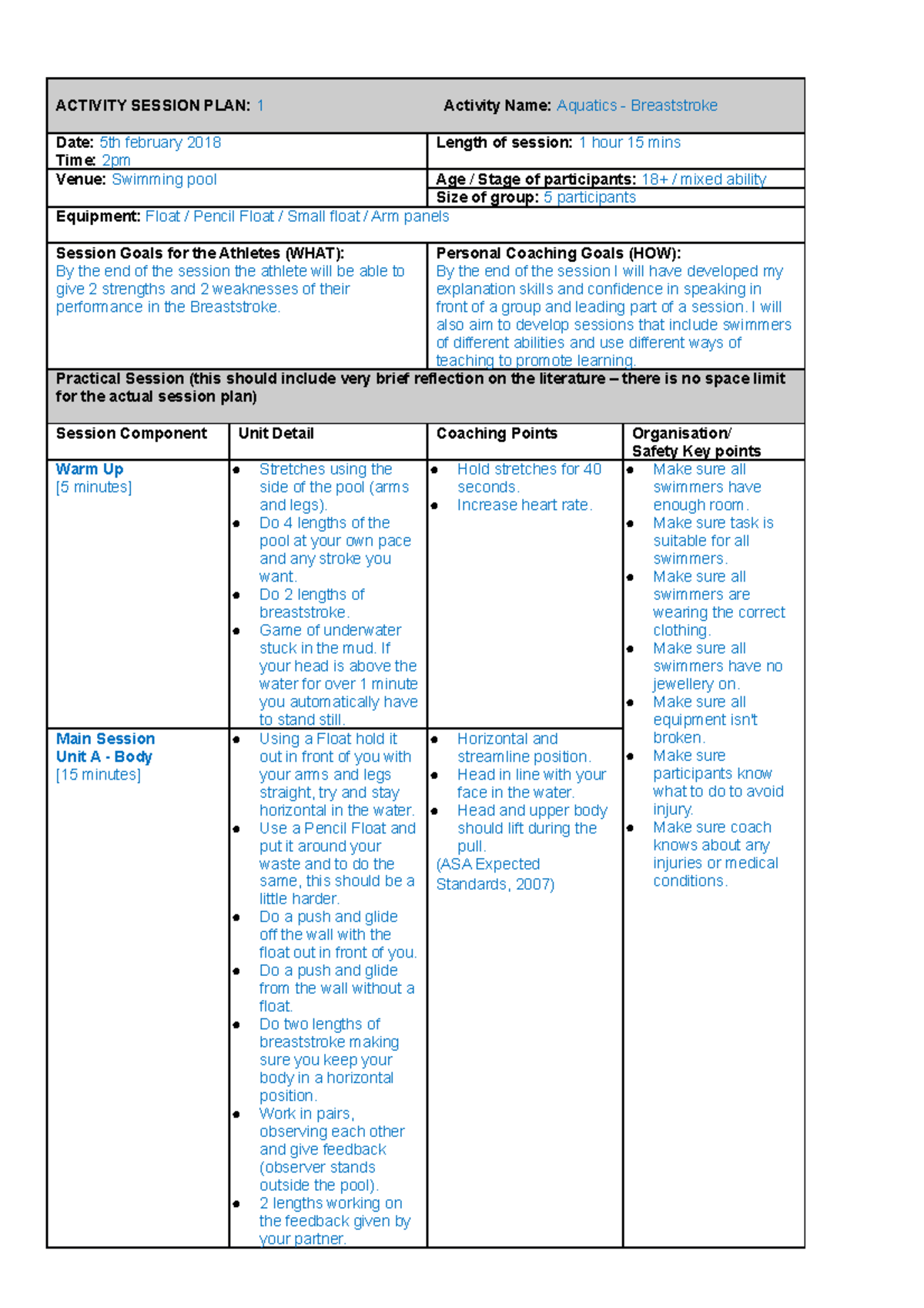 Breaststroke - Session 1 - ACTIVITY SESSION PLAN: 1 Date: 5th february ...