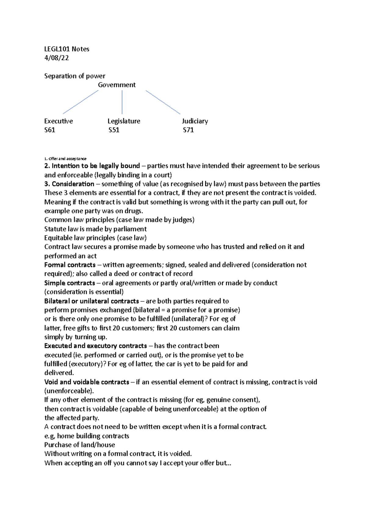 LEGL101 Notes - note - LEGL101 Notes 4/08/ Separation of power ...