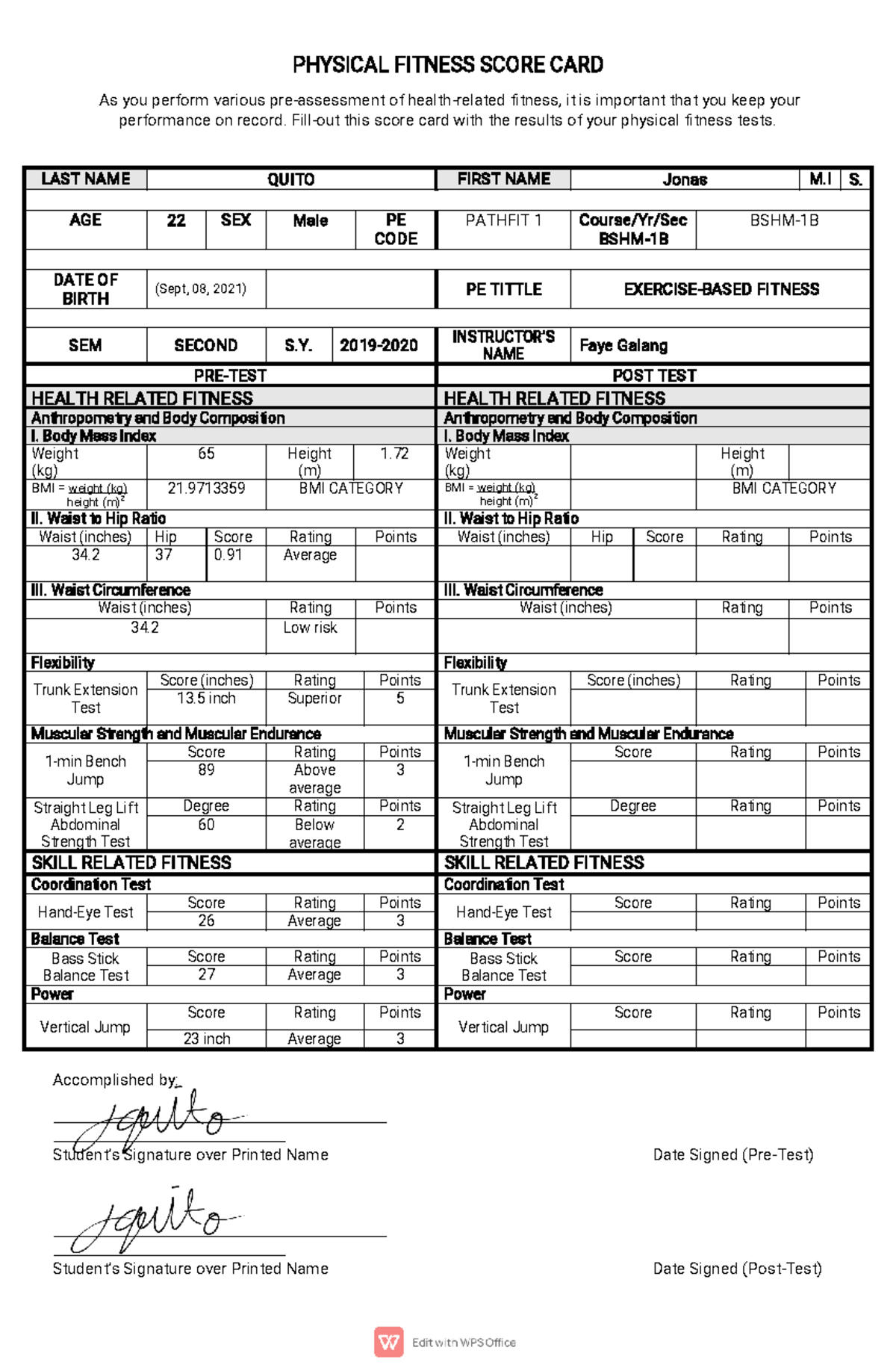 Fitness Test Score Jdjdjr P H Y S I C A L F I T N E S S S C O R E C A