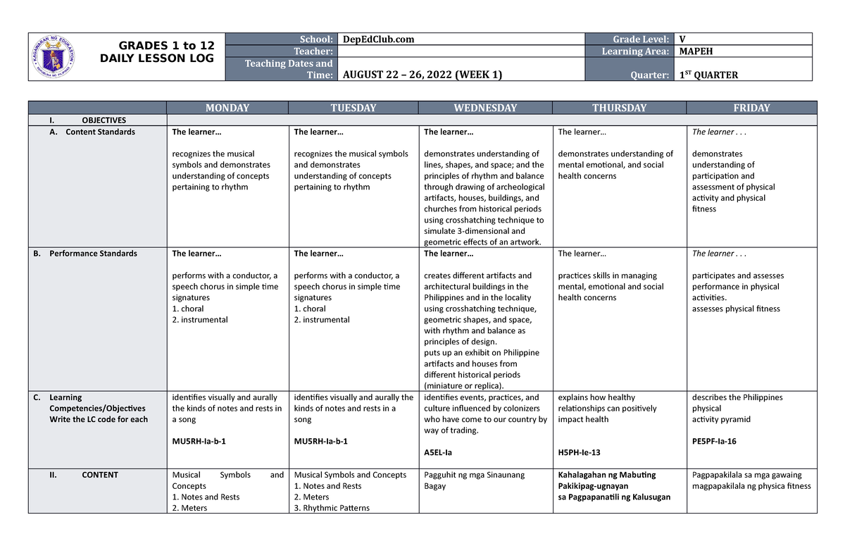 DLL Mapeh 5 Q1 W1 - LESSON PLAN - GRADES 1 To 12 DAILY LESSON LOG ...