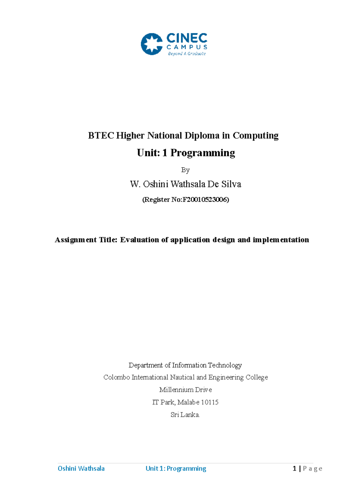 Programming Assiignment 13 BTEC Higher National Diploma In Computing 