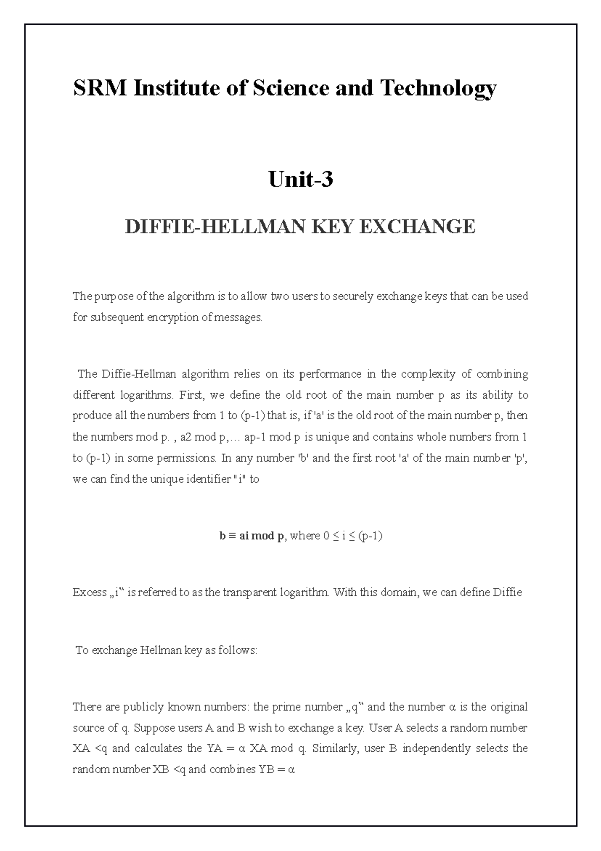 Diffie-Hellman Key Exchange - Cryptography and Network Security - Studocu