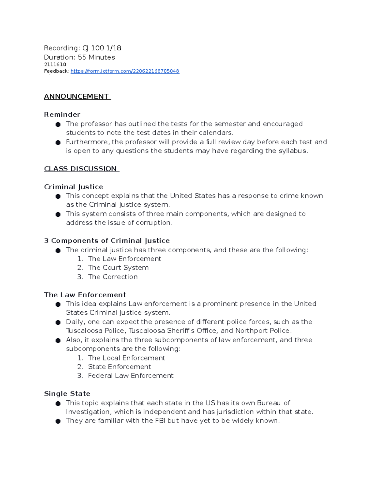 CJ 100 1 18 Summary Notes - Recording: CJ 100 1/ Duration: 55 Minutes ...