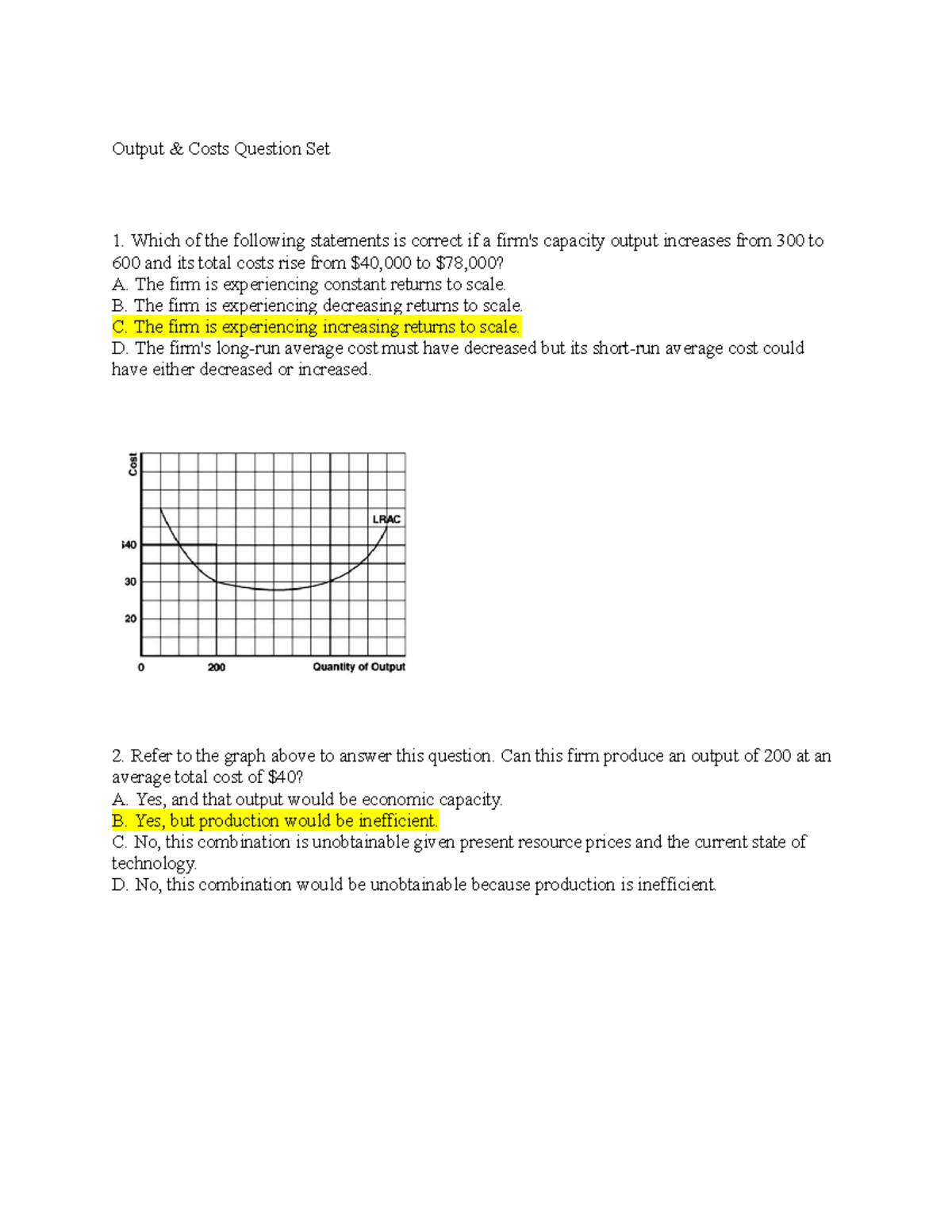 Question Set - Output & Costs student version - ECON2010 - Ontario Tech ...