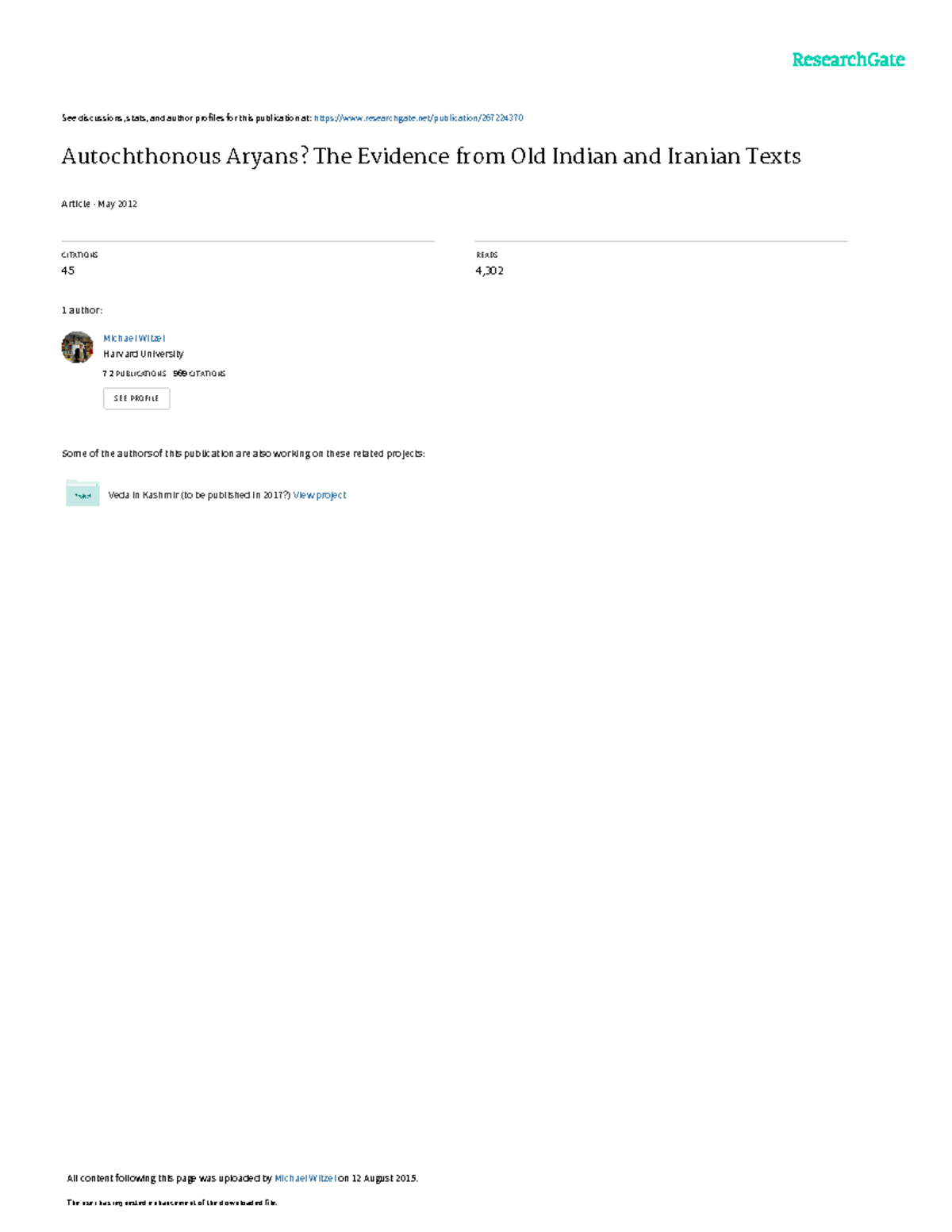 Autochthonous Aryans The Evidence from Old Indian - See discussions ...