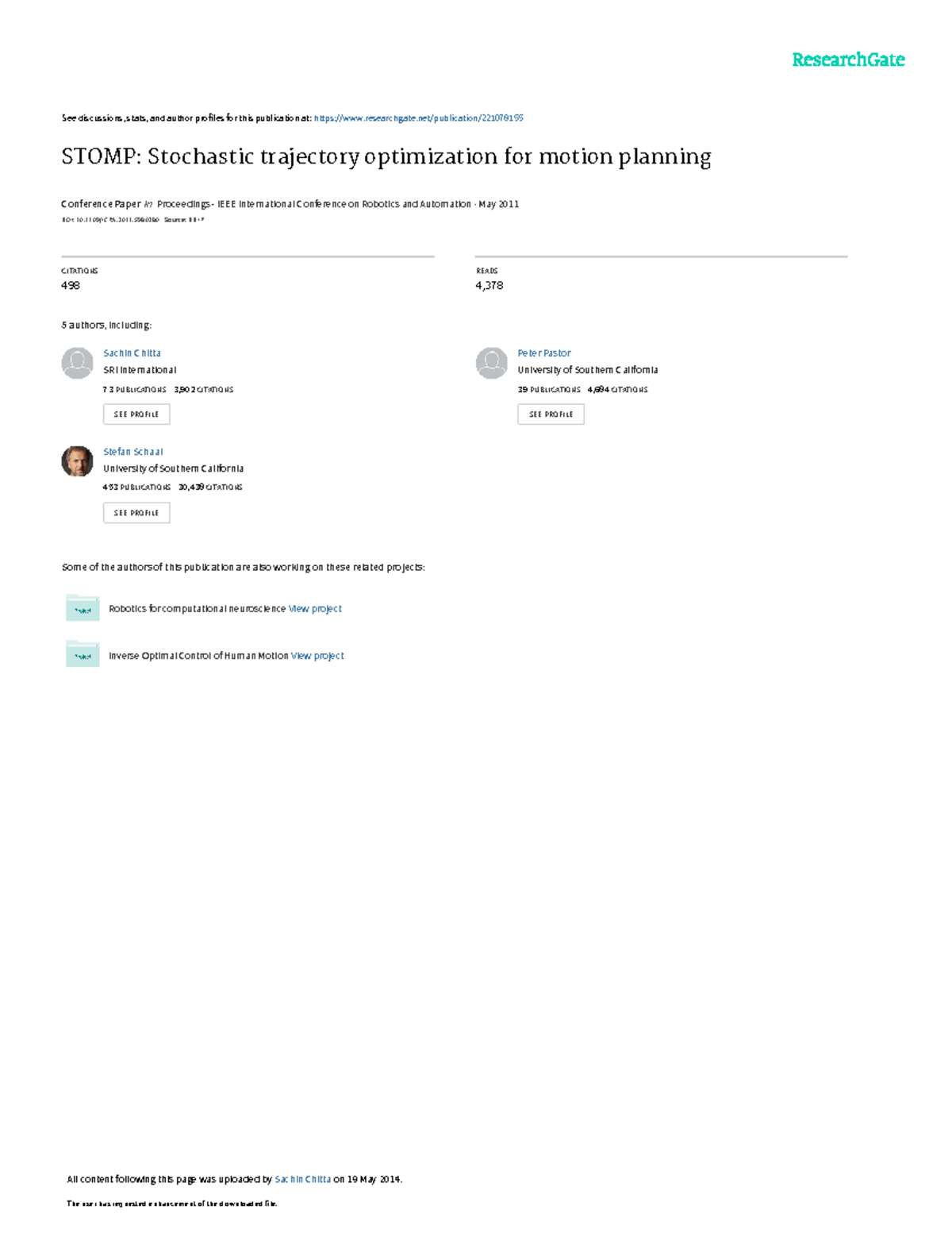 Stomp Stochastic trajectory optimization for motio - See discussions ...