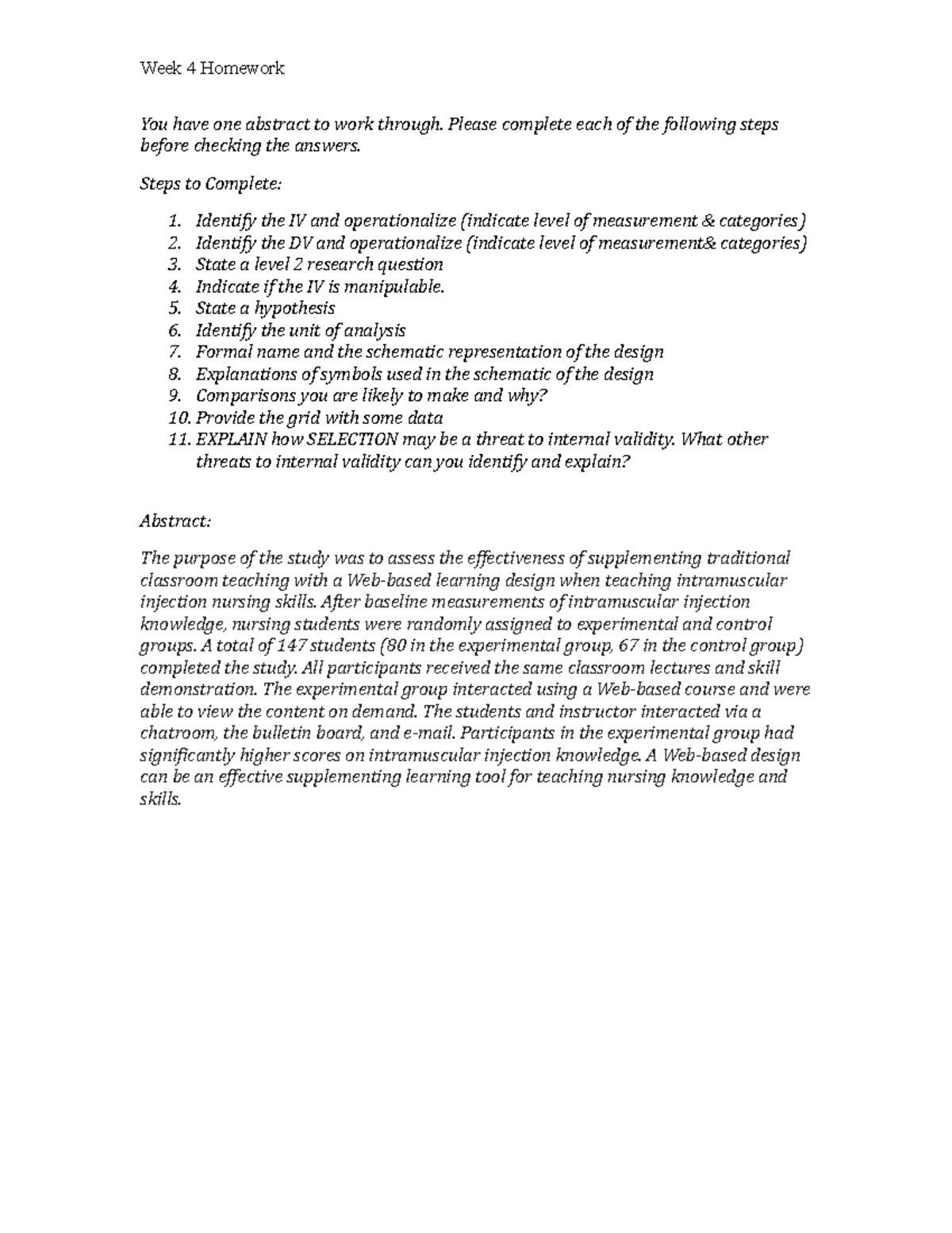 Homework for Week 4 - Week 4 Homework You have one abstract to work ...