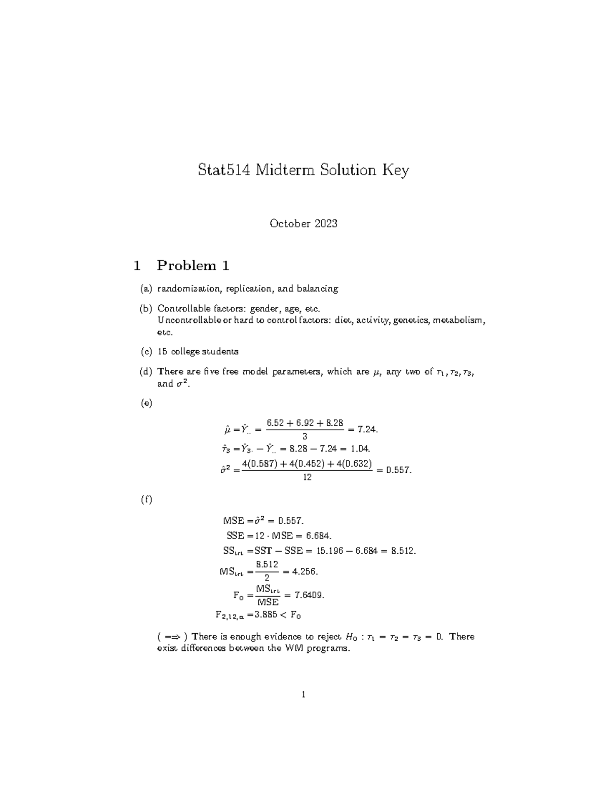 Fall 2023 Midterm Solution - Stat514 Midterm Solution Key October 2023 ...