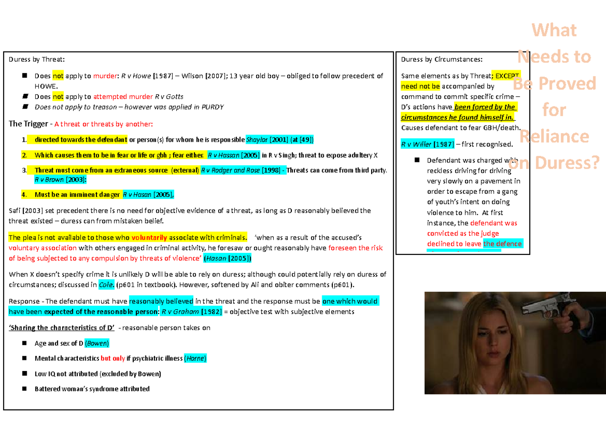 Duress Poster - Duress by Threat: Does not apply to murder: R v Howe ...