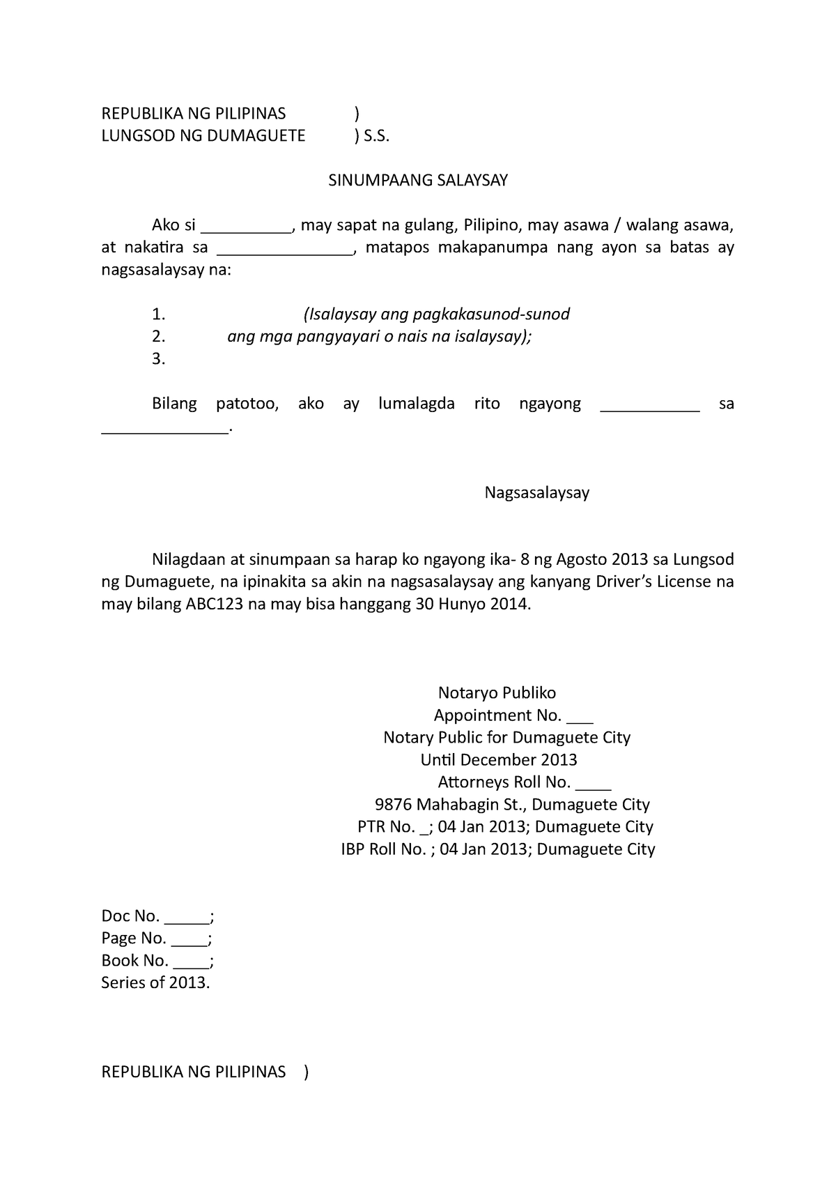 OK - Affidavit Making 1 - REPUBLIKA NG PILIPINAS ) LUNGSOD NG DUMAGUETE ...