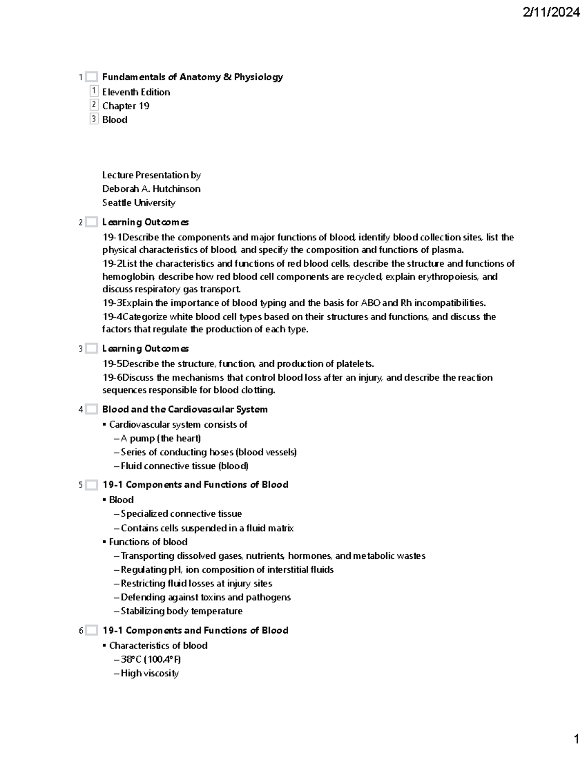 Ch 19 blood - lecture outline - Fundamentals of Anatomy & Physiology ...