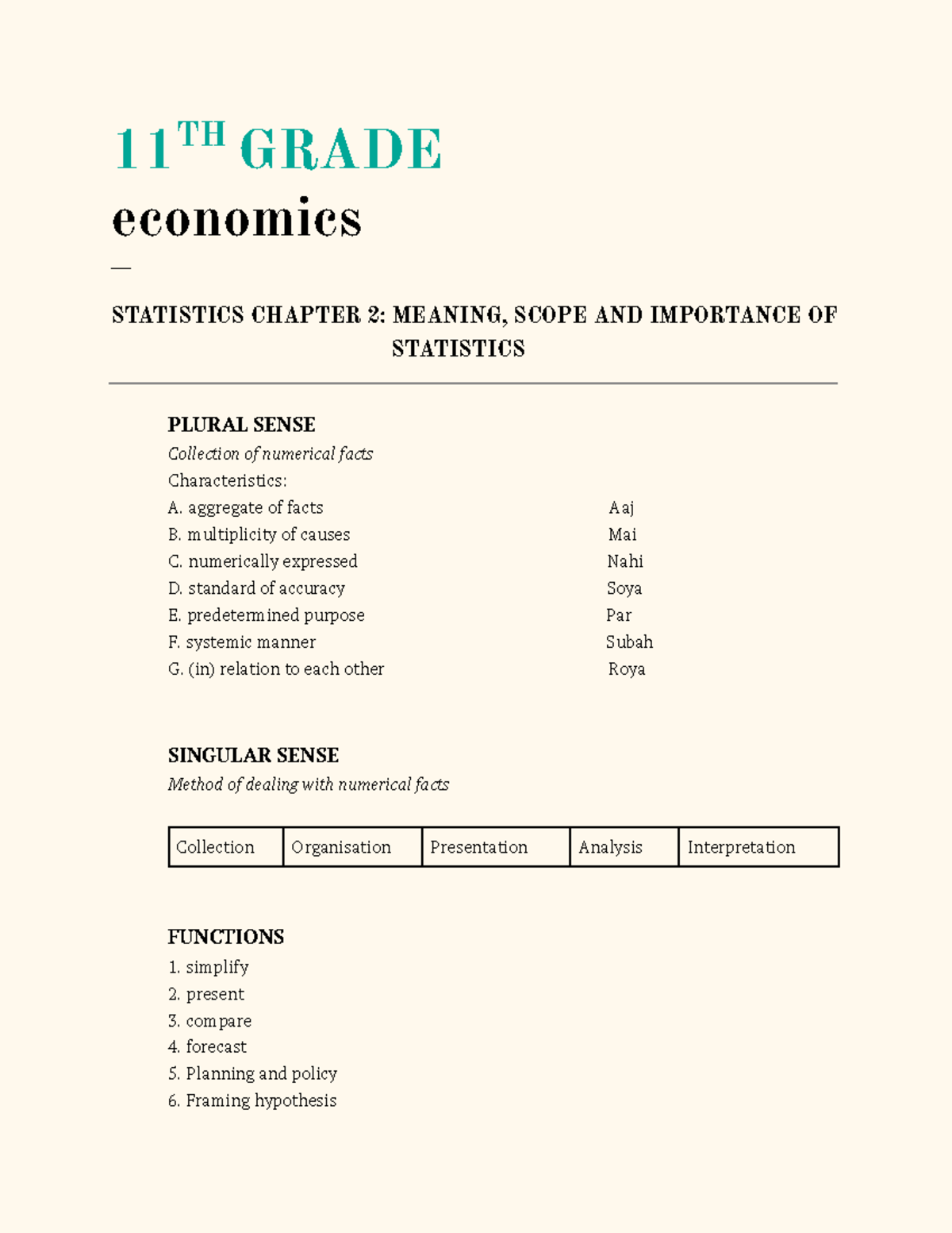 Eco notes S2 - 11 TH GRADE economics ___ STATISTICS CHAPTER 2: MEANING ...