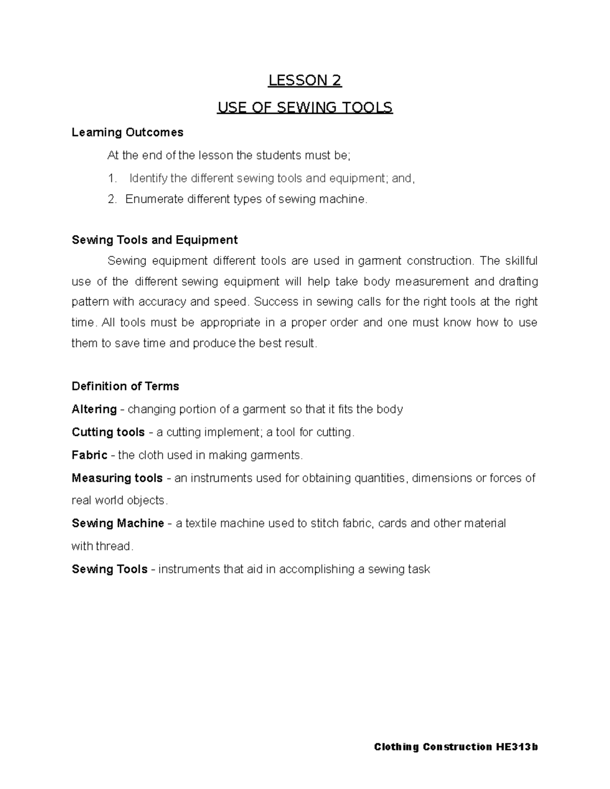 Use of Sewing Tools LESSON 2 USE OF SEWING TOOLS Learning At