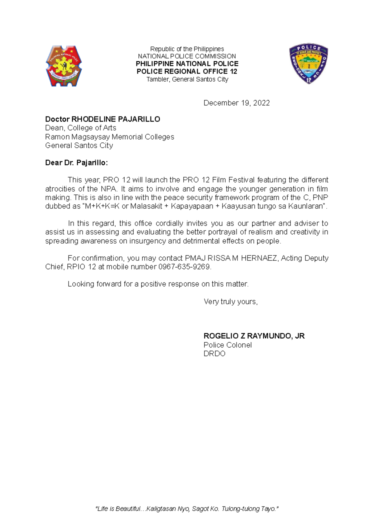 Invitation Letter (RMMC) - Republic of the Philippines NATIONAL POLICE ...