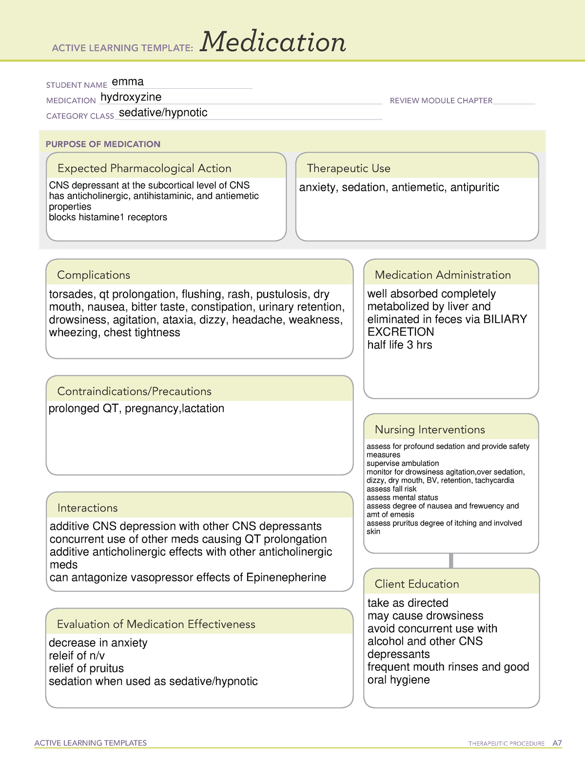 Hydroxyzine med cards ACTIVE LEARNING TEMPLATES THERAPEUTIC