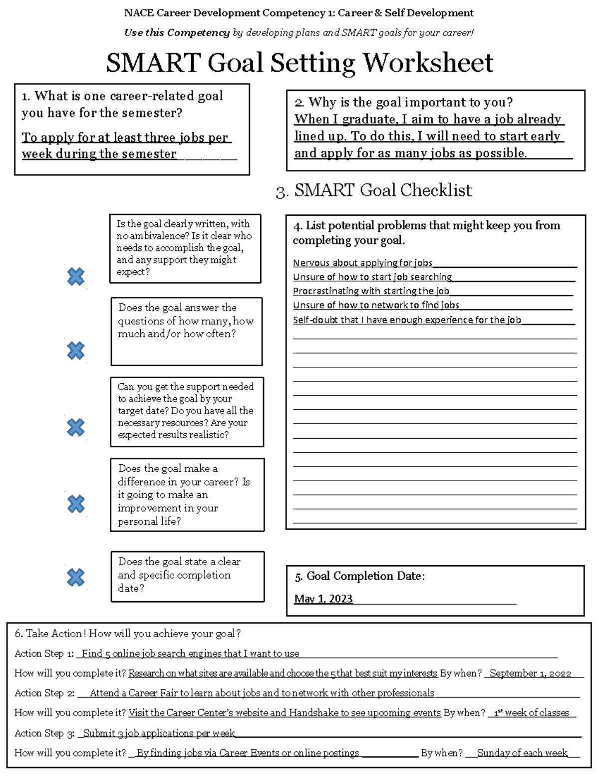 Smart Goals Worksheet - Nace Career Development Competency 1: Career 