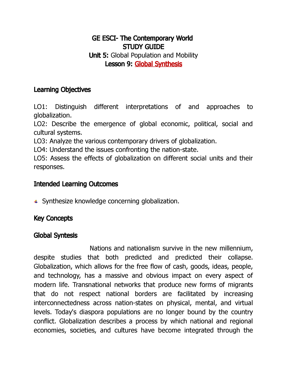 Lesson 9 Global Synthesis - GE ESCI- The Contemporary World STUDY GUIDE ...