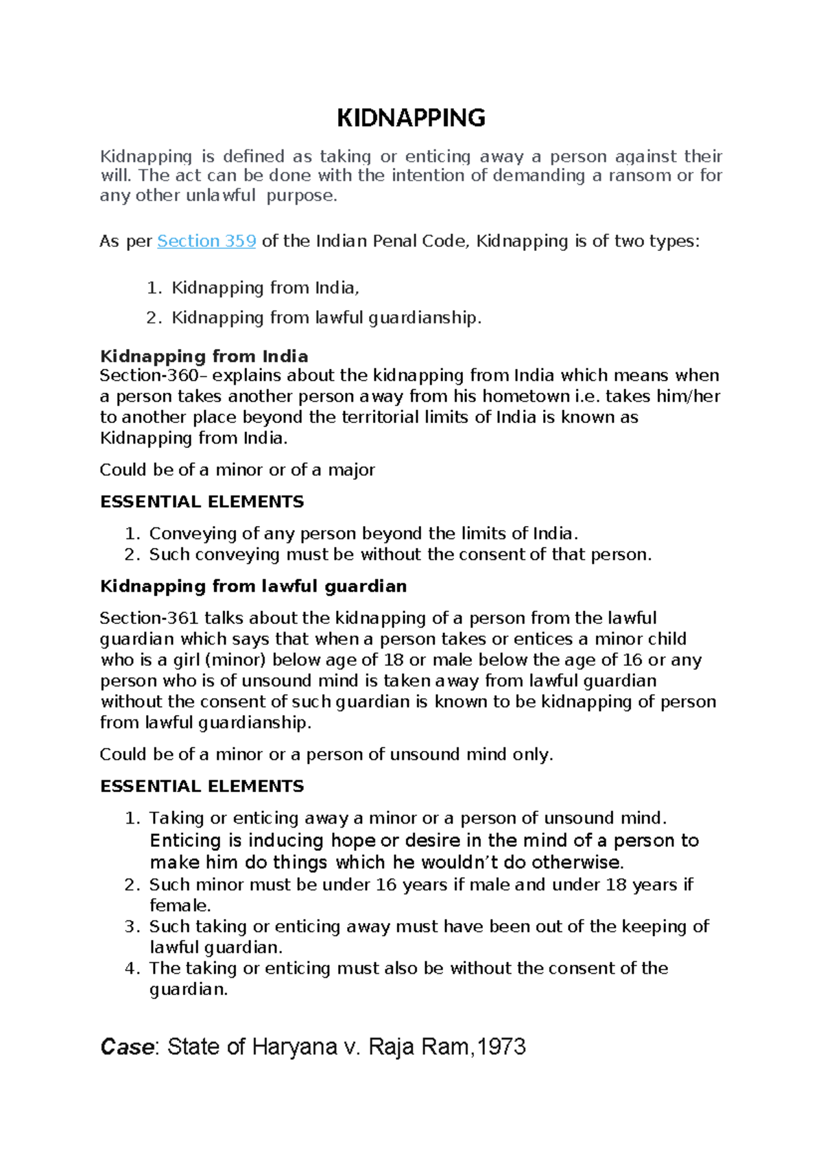 Kidnapping - KIDNAPPING Kidnapping is defined as taking or enticing ...