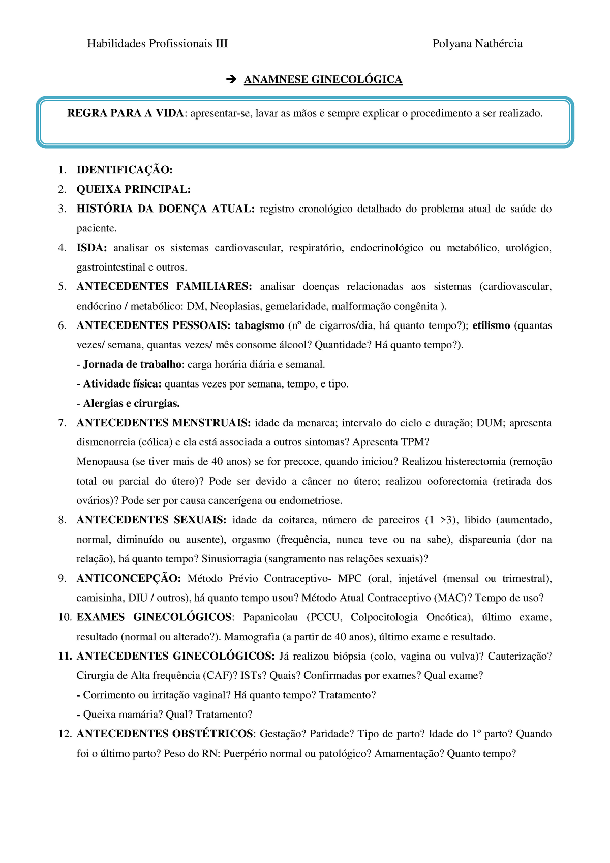 Anamnese E Exame Físico Ginecológico E Das Mamas Habilidades Profissionais Polyana Anamnese 9002